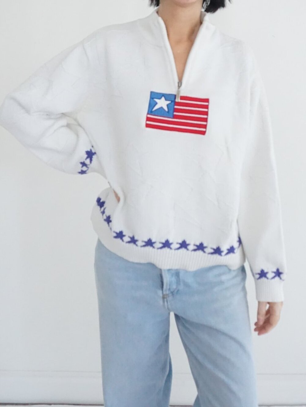 Cabelas White American Flag Quarter Zip Knit Sweater Patriotic USA Cottagecore L